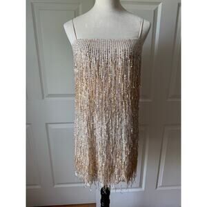 H&M Nude Sequin Fringe Mini Dress Gold Silver Sparkle Size S Cocktail Event Hoco